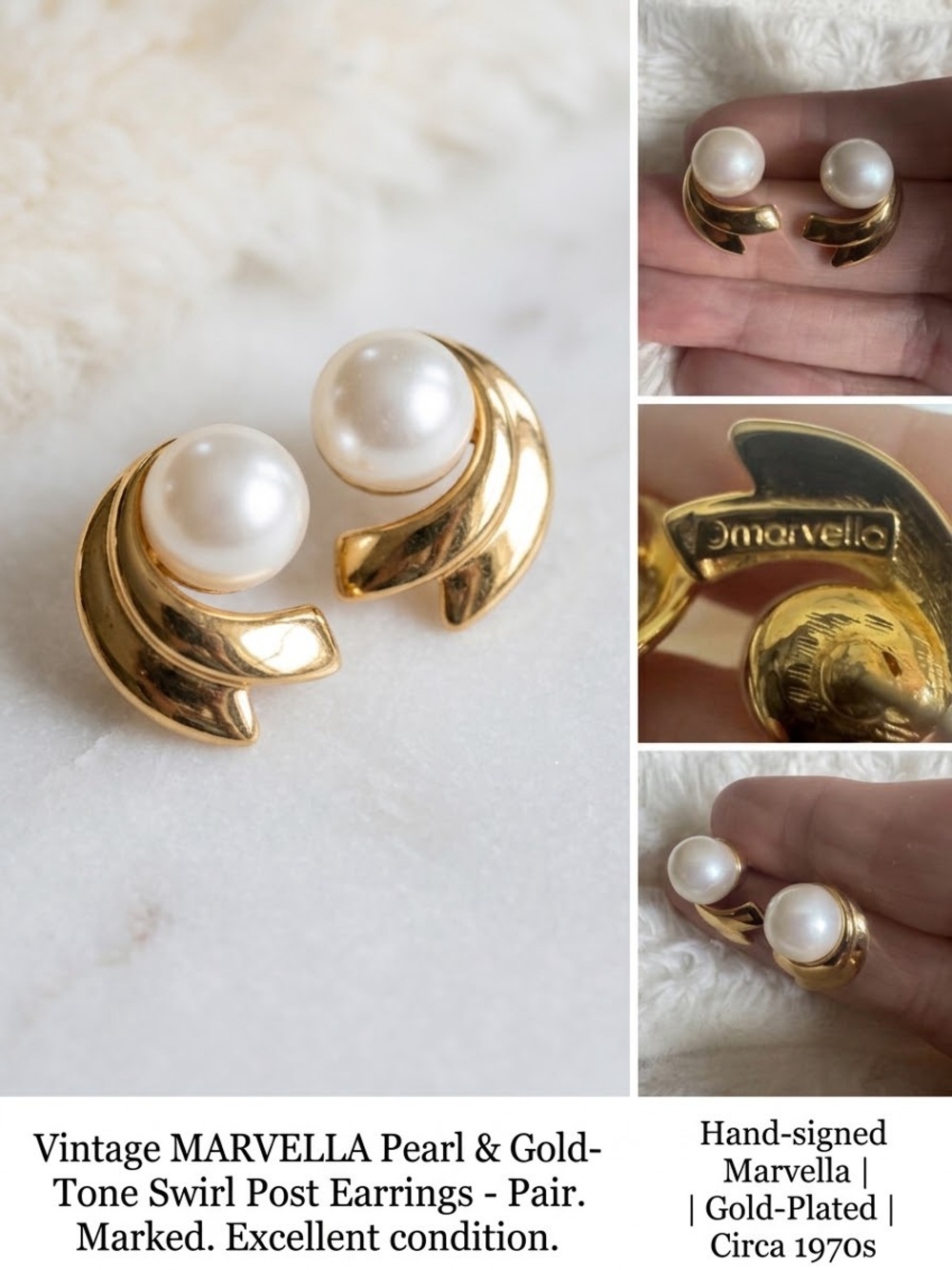 Vintage MARVELLA Faux Pearl & Gold-Tone Swirl Post Earrings